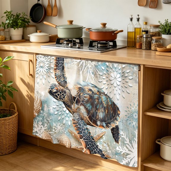 Cabinet Curtains 35"W x 35"L, Sea Turtle Coastal Sink Skirt for Bathroom Kitchen Self Adhesive, Nautical Summer Beach Starfish Desk Privacy Short Curtain for Under Sink Classroom Closet