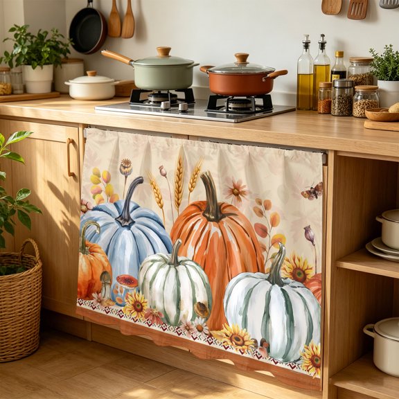 Cabinet Curtains 35"W x 35"L, Thanksgiving Fall Sink Skirt for Bathroom Kitchen Self Adhesive, Rustic Retro Pumpkin Weeping Leaves Desk Privacy Short Curtain for Under Sink Classroom Closet