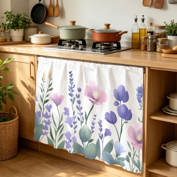 Cabinet Curtains 35"W x 35"L, Watercolor Flowers Sink Skirt for Bathroom Kitchen Self Adhesive, Spring Meadow Blooms Garden Lavender Desk Privacy Short Curtain for Under Sink Classroom Closet