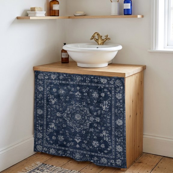 Cabinet Curtains for Kitchen,Central Floral Medallion Sink Skirt Under Desk Privacy Drape Vintage Navy Blue Self Adhesive Closet Curtain for Home Bathroom Laundry Room,35"Wx35"L