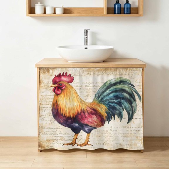 Cabinet Curtains for Kitchen,Farmhouse Rooster Retro Letter Sink Skirt Under Desk Privacy Drape Watercolor Self Adhesive Closet Curtain for Home Bathroom Laundry Room,28"Wx35"L