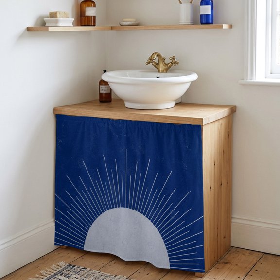 Cabinet Curtains for Kitchen,Half Sun on Blue Sink Skirt Under Desk Privacy Drape Modern Minimalist Arch Stripe Self Adhesive Closet Curtain for Home Bathroom Laundry Room,35"Wx35"L