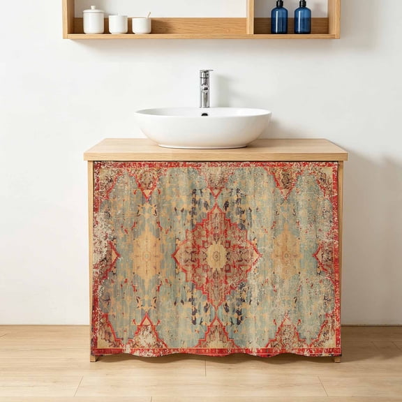Cabinet Curtains for Kitchen,Vintage Bohemian Pattern Sink Skirt Under Desk Privacy Drape Abstract Turkish Tattoos Self Adhesive Closet Curtain for Home Bathroom Laundry Room,28"Wx35"L
