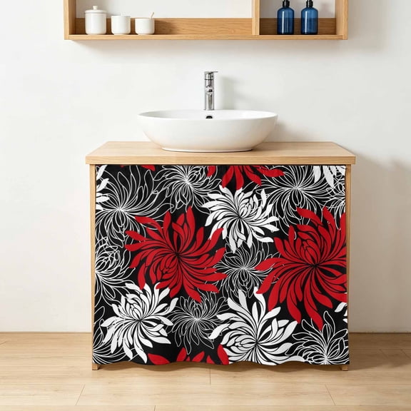 Cabinet Curtains for Kitchen,Watercolor White Gray Red Chrysanthemum Sink Skirt Under Desk Privacy Drape Vintage Floral Self Adhesive Closet Curtain for Home Bathroom Laundry Room,28"Wx35"L