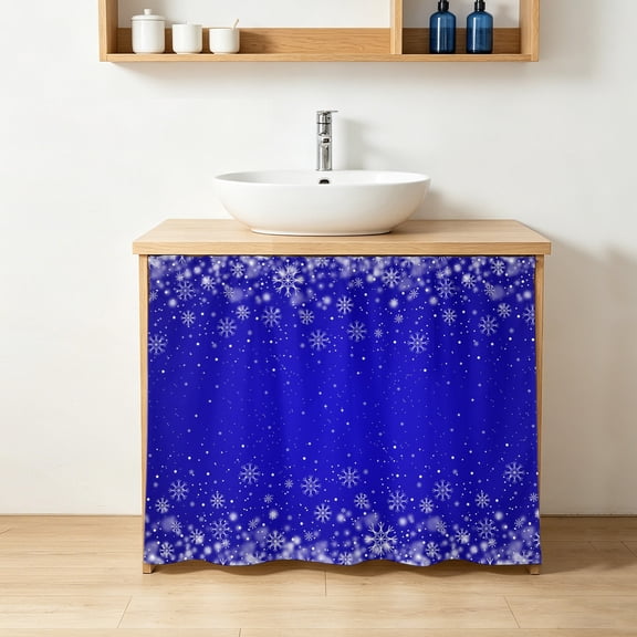 Cabinet Curtains for Kitchen,Winter Floating White Snowflakes Sink Skirt Under Desk Privacy Drape Christmas Snowy Blue Theme Self Adhesive Closet Curtain for Home Bathroom Laundry Room,28"Wx35"L