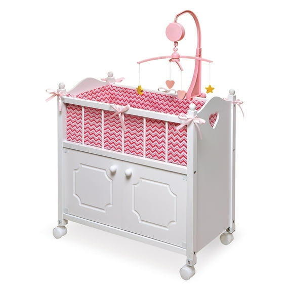 Cabinet Doll Crib with Chevron Bedding and Free Personalization Kit - White/Pink