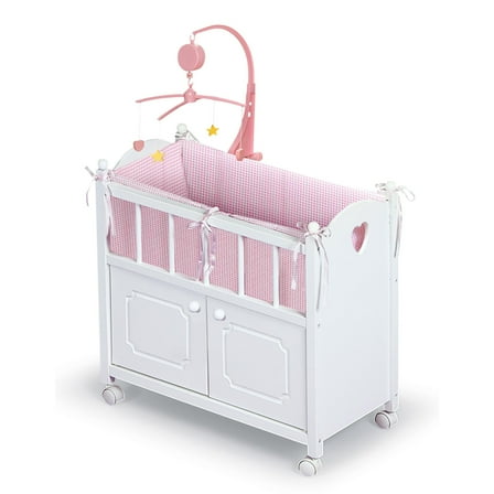 Cabinet Doll Crib with Gingham Bedding and Free Personalization Kit - White/Pink