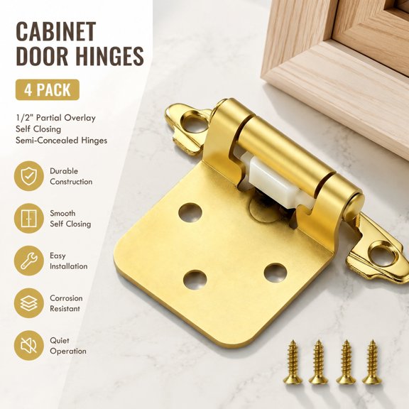 Cabinet Door Hinges 2 Pairs 4 Pack, 1/2 Inch Partial Overlay Self-Closing Semi-Concealed Surface Mount Kitchen Cabinet Hardware, Gold
