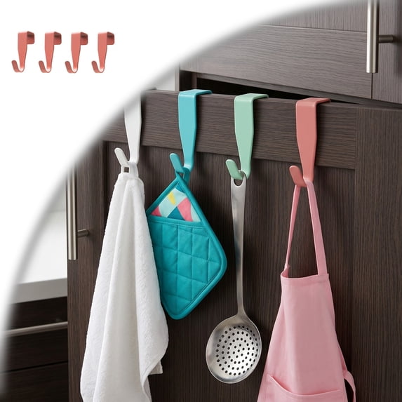 Over Cabinet Door Hooks, 4 Pack Heavy Duty Metal J-Hooks for Kitchen, Bathroom, Laundry Room, Cabinet Hooks for Hanging, Hold Up to 7 lbs, Space-Saving Organizer