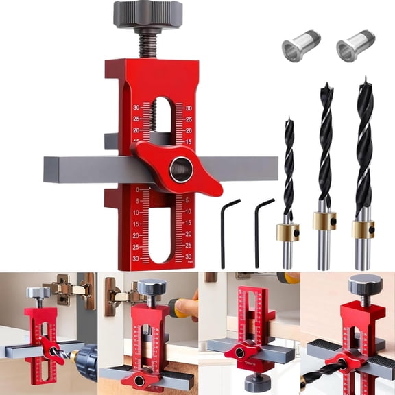 Cabinet Door Installation Jig, 2-in-1 Mounting Tool with Adjustable Positioner, Aluminium Alloy Versatile Cabinet Door Positioning Tool for Cabinet Doors with 3 Drill Bits (Red)