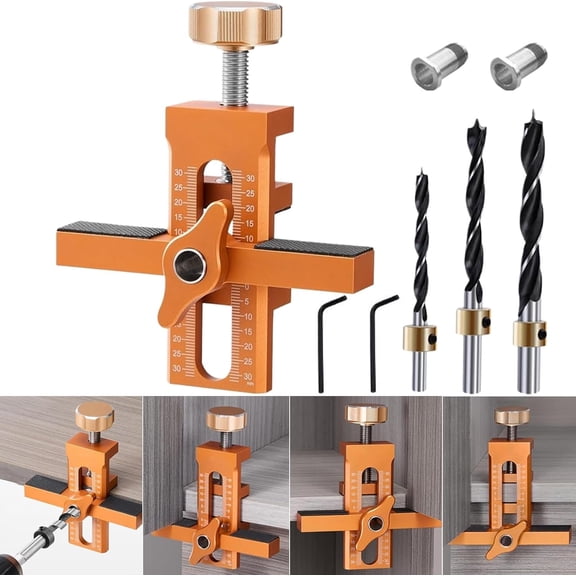 Cabinet Door Installation Jig, 2-in-1 Mounting Tool with Adjustable Positioner, Aluminium Alloy Versatile Cabinet Door Positioning Tool for Cabinet Doors with 3 Drill Bits (Orange)