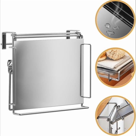 Cabinet Door Organizer with Foldable Stainless Steel Shelf, Silver Hanging Rack for Kitchen