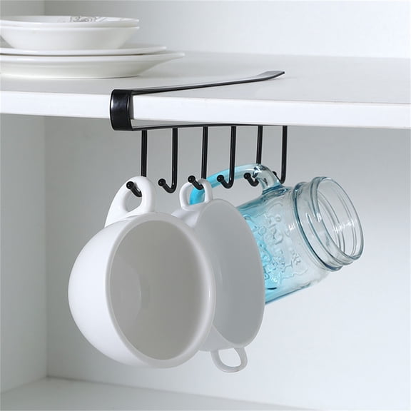 Under Cabinet Hanger Rack,Kitchen Paper Towel Holder and Bathroom Organizer,Slide-On Storage Shelf with Hooks for Cups,Towels,Gloves,Space-Saving Storage Solution for Home Kitchen Bathroom-Black