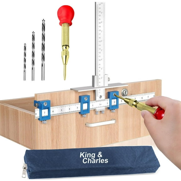 Cabinet Hardware Jig, Cabinet Handle Jig + Automatic Hole Punch + Point Drill Bits, Use for Handles Knobs Pulls on Drawers/Doors, Wood Drilling Dowelling Guide Set.