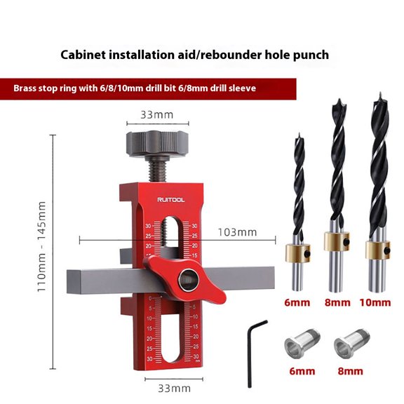 Cabinet Installation Tool Set - Complete Kit with Installation Assistants, Rebound Hole Punch, Brass Stop Rings, and 6/8/10mm Drill Bits with 6/8mm Drill Sleeves (Red Sets)