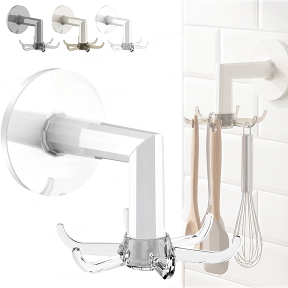 Under Cabinet Kitchen Utensil Hooks 360° Rotating No-Drill Adhesive Hanging Rack for Spatulas Spoons Knives Towels Rent-Friendly Space-Saving Kitchen Organizer