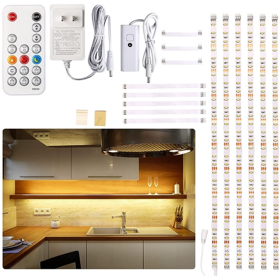 Under Cabinet LED Lighting Kit, 6 PCS Dimmable LED Strip Lights with Remote Control Dimmer, 24W Adapter, Hidden 2700K Warm White Set, Bright 1500lm, Timing, Kitchen, Counter, Shelf, Showcase