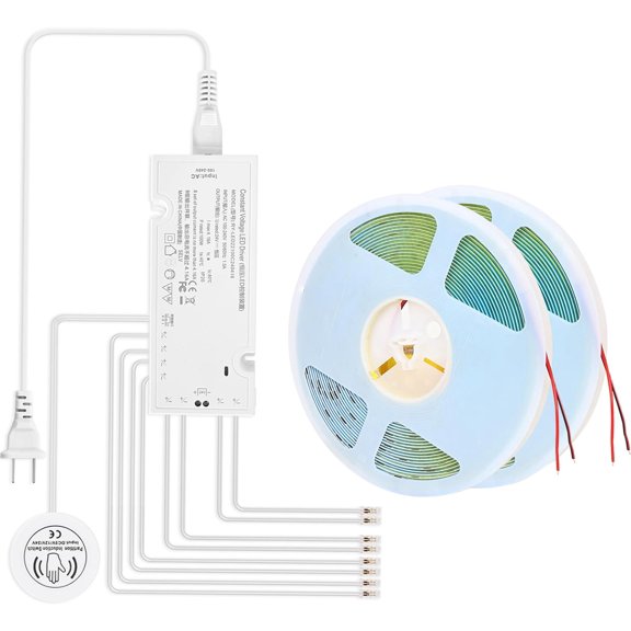 Under Cabinet Led Light Strip kit,2 Roll x 16.4ft Cuttable 3000K COB,Diffused Power with 8 JST & 2 Hardwired Outlets,Touch Sensor for Gun Safe Case,Book Shelf,Floating Shelf,Slat Wall Panel