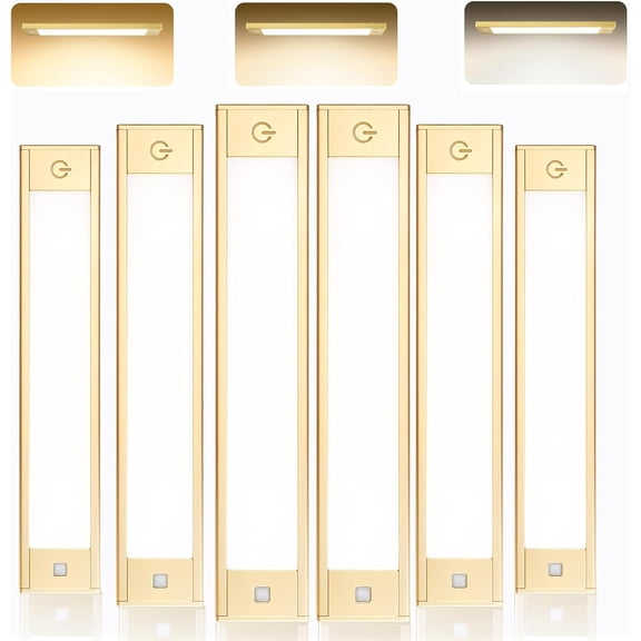 Under Cabinet Light, Rechargeable Magnetic LED Bar with 1800mAh, Gold Aluminum Motion Sensor Lighting Indoor, Dimmable 3 Color Temperatures for Kitchen, Closet, Shelf & Stair (9 in)