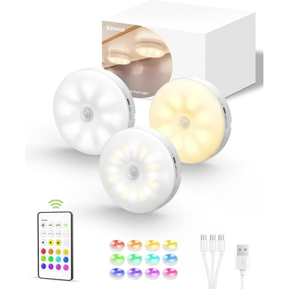 Under Cabinet Lighting,1000mAh Rechargeable Puck Lights with Remote,3 Color Temps & 12 RGB Motion Sensor Closet Lights Indoor,Dimmable Under Cabinet Lights for Kitchen,Cabinets,Closet (3 Packs)