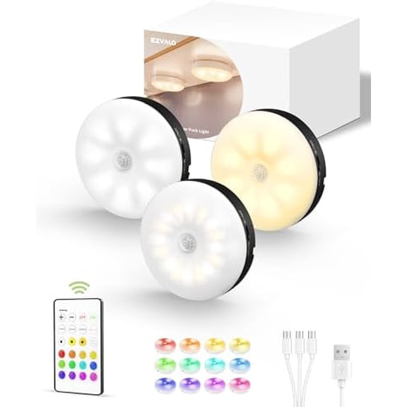 Under Cabinet Lighting,1000mAh Rechargeable Puck Lights with Remote,3 Color Temps & 12 RGB Motion Sensor Closet Lights Indoor,Dimmable Under Cabinet Lights for Kitchen,Cabinets,Closet (3 Packs)