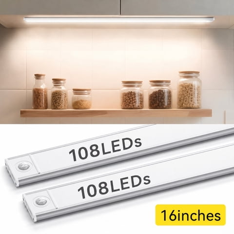16-Inch Under Cabinet Lighting, 2 Pack Rechargeable Motion Sensor Light Indoor with 3 Color Temps & Stepless Dimming, Wireless Magnetic Under Counter Lights for Kitchen, Shelf, Closet, Bathroom