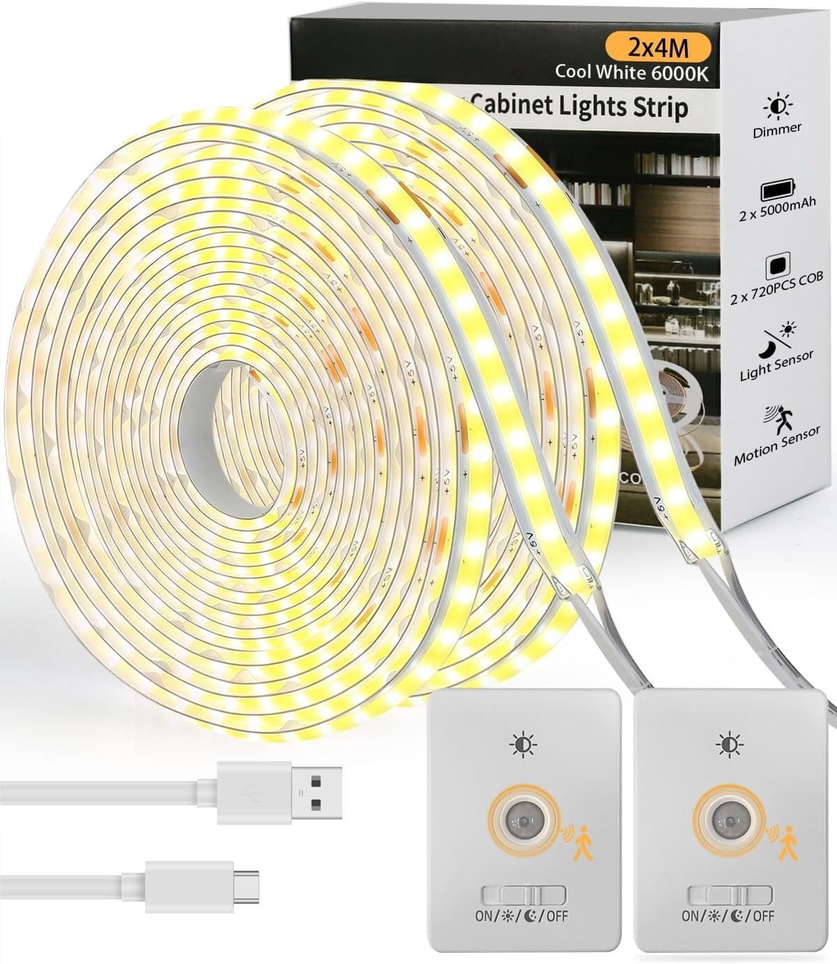Under Cabinet Lighting , 2 Pack 5000mAh 13FT COB Motion Sensor Led Light Strips Indoor, Rechargeable   Motion Activated Stair Shelf Closet Cabinet Counter Led Strip Tape Lights
