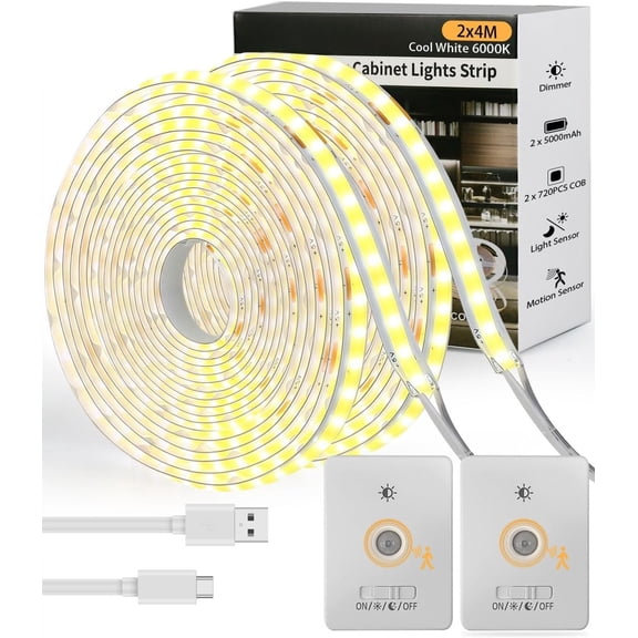 Under Cabinet Lighting , 2 Pack 5000mAh 13FT COB Motion Sensor Led Light Strips Indoor, Rechargeable Motion Activated Stair Shelf Closet Cabinet Counter Led Strip Tape Lights