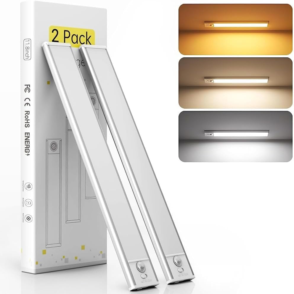 Under Cabinet Lighting, 2 Pack Under Cabinet Lights Rechargeable, Motion Sensor Light Indoor, 3 Color Temps, 5 Levels Dimmable  Closet Lights,  Under Counter Lights for Kitchen, Stairs
