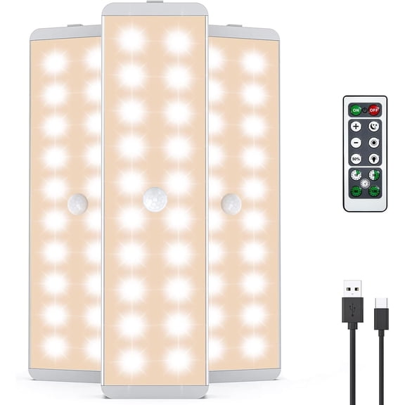 Under Cabinet Lighting, 3 count Rechargeable LED Closet Lights Motion Sensor RV Step Lights Dimmer, Stick-Anywhere Night Safe Light Bar for Wardrobe,Kitchen,Van (Warm)
