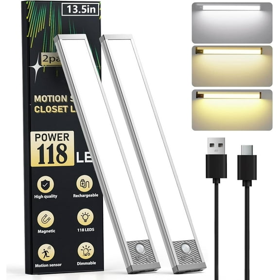Under Cabinet Lighting,3200mAh Rechargeable 118LED Magnetic Light Bar Indoor, 3 Color Under Cabinet Lights Motion Sensor, ,2PackWireless Battery Operated Closet Lights for Kitchen Home Stairs
