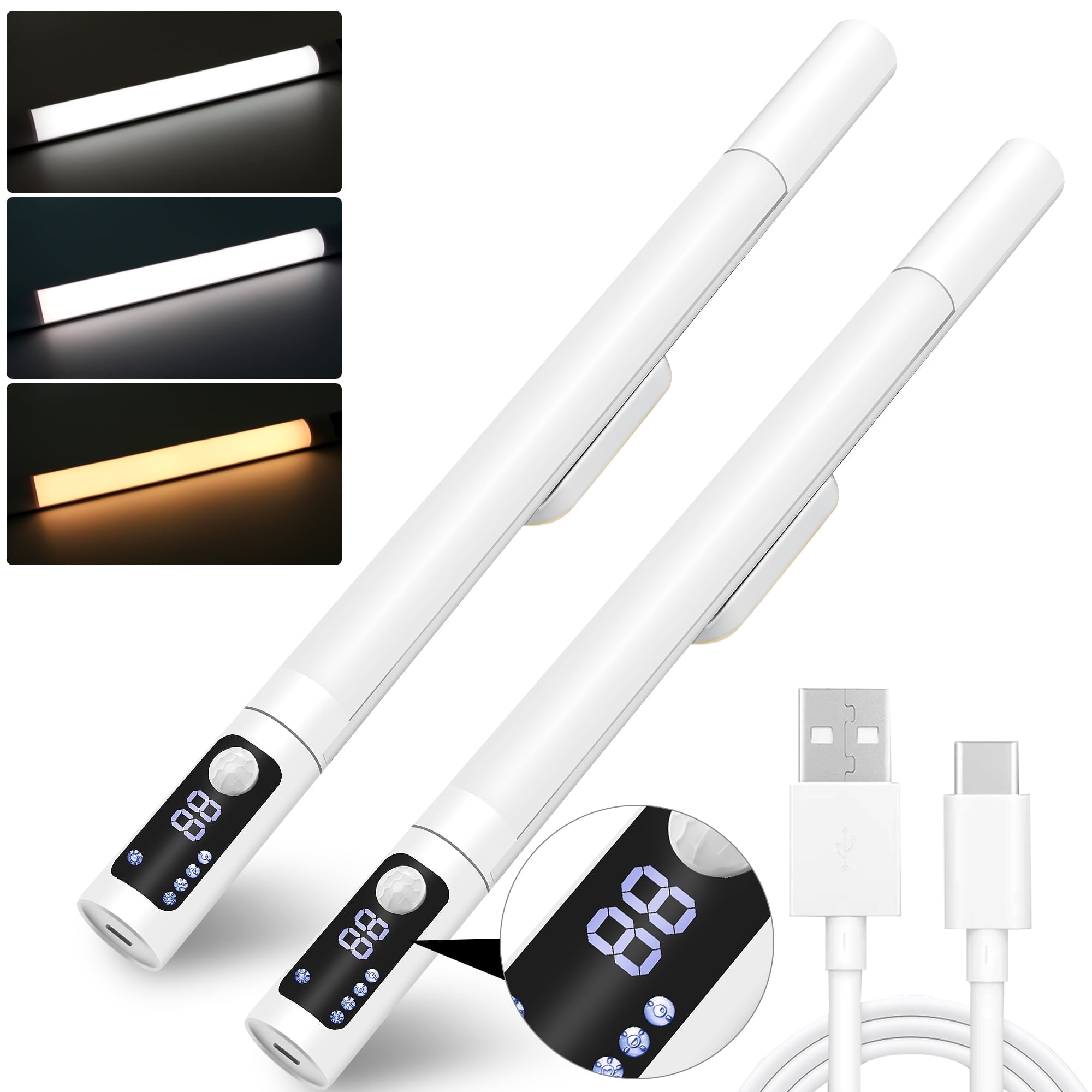 Under Cabinet Lighting, 44 LED Motion Sensor Light Indoor, Closet Lights with 1200mAh Large Battery, 15in Rechargeable Magnetic Under Counter Lights for Kitchen, Battery Level Display, 2PCS