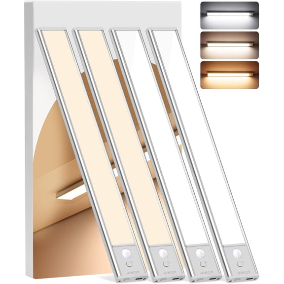 Under Cabinet Lighting , 4Pack Motion Sensor Light Indoor with 3 Color Temps, Dimmable Closet Lights Operated, LED Light, Rechargeable Under Counter Lights for Kitchen Stairs