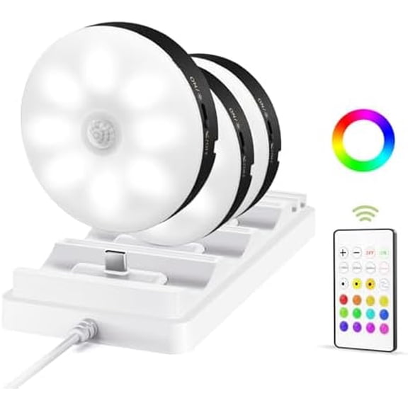 Under Cabinet Lighting with Charging Station,1000mAh Rechargeable Puck Lights with Remote, 3 Color Temps & 12 RGB Closet Lights, Dimmable Motion Sensor Lights for Shelf, Kitchen (3 Packs)