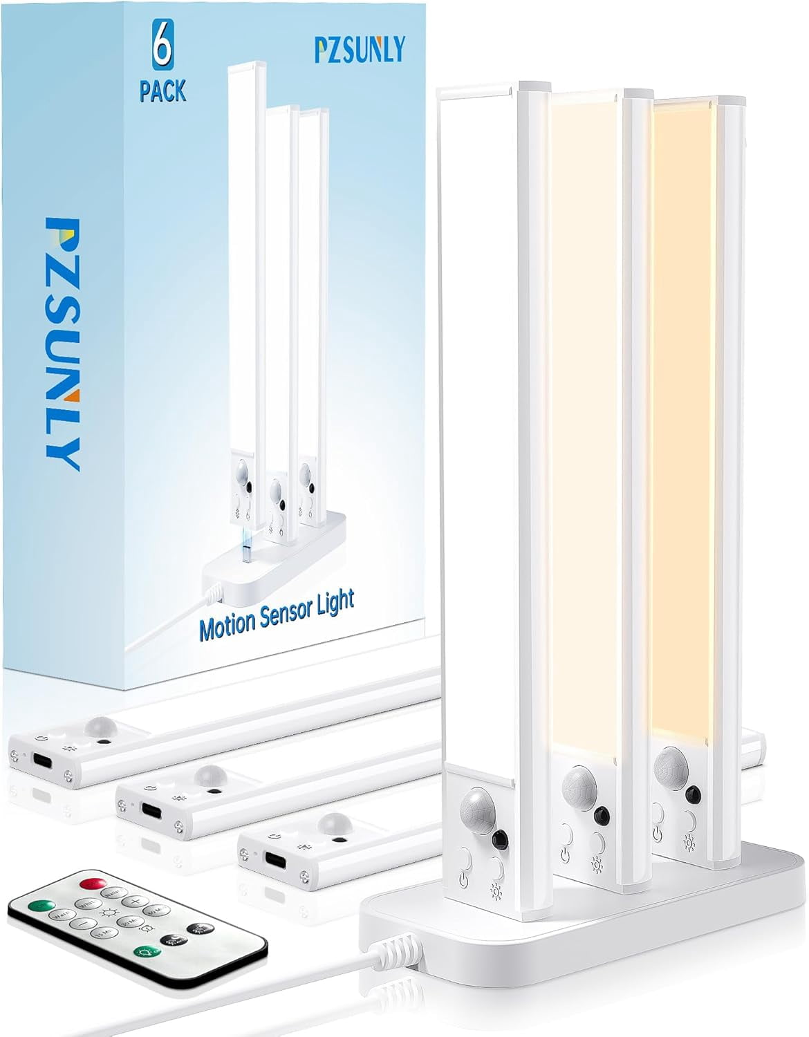 Under Cabinet Lighting with Charging Station,Motion Sensor Light Indoor with Remote,3color Dimmable Closet Light Rechar able Wireless,Under Counter Lights for Kitchen 6Pack