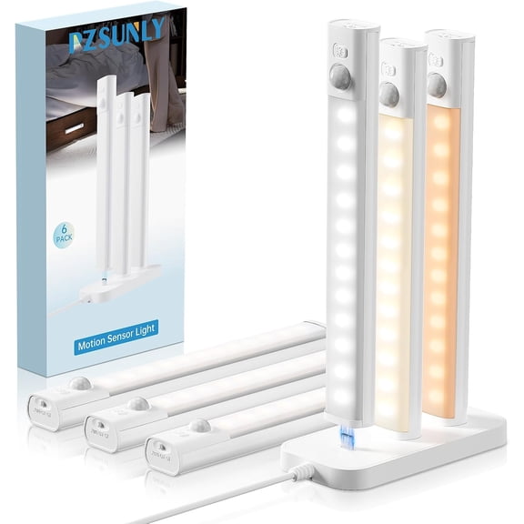Under Cabinet Lighting with Charging Station,Rechargeable Motion Sensor Light Indoor,LED Closet Lights,3 Colors Dimmable,Magnetic for Kitchen,Wardrobe,Bedroom,Drawer 6Pack