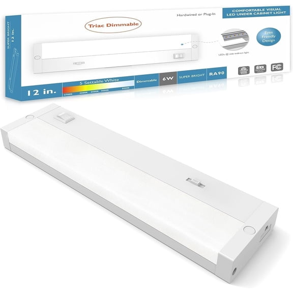 Under Cabinet Lighting Hardwired or Plug in, 12 Inch 6W, Dimmable 5 Color 2700K/3000K/3500K/4000K/5000K, Linkable Eyes Care Design Counter Lights for Kitchen, Sink, ETL Listed, White