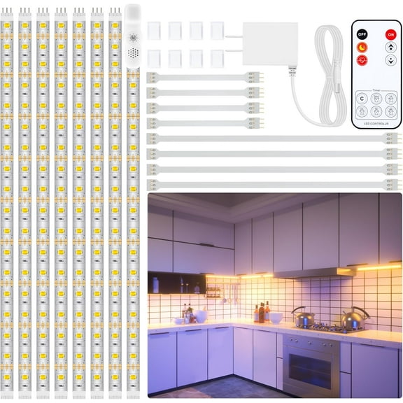 Under Cabinet Lighting Kit - 8 PCS 20 Inch Pre-Cut Strips, 2700K Warm White Flexible LED Strip Lights with Remote and Power Adapter for Kitchen Cabinets, Shelf, Desk, Counter - 13ft