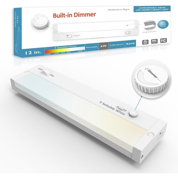 Under Cabinet Lighting Plug in or Hardwired Built-in Dimmer, 12 Inch 6W, 5CCT 2700/3000/3500/4000/5000K, Linkable Counter Lights for Kitchen, ETL Dimmable Light Fixture, White