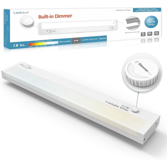 Under Cabinet Lighting Plug in or Hardwired Built-in Dimmer, 18 Inch 9W, 5CCT 2700/3000/3500/4000/5000K, Linkable Counter Lights for Kitchen, ETL Dimmable LED Light Fixture, White