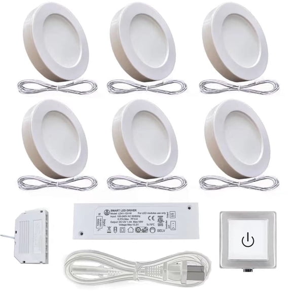 VST Under-Cabinet LED Lights, 2W (12W Total, 60W Equivalent), Wired Touch Dimmer, Recessed or Surface Mount, 4000K, 6 Pack,White