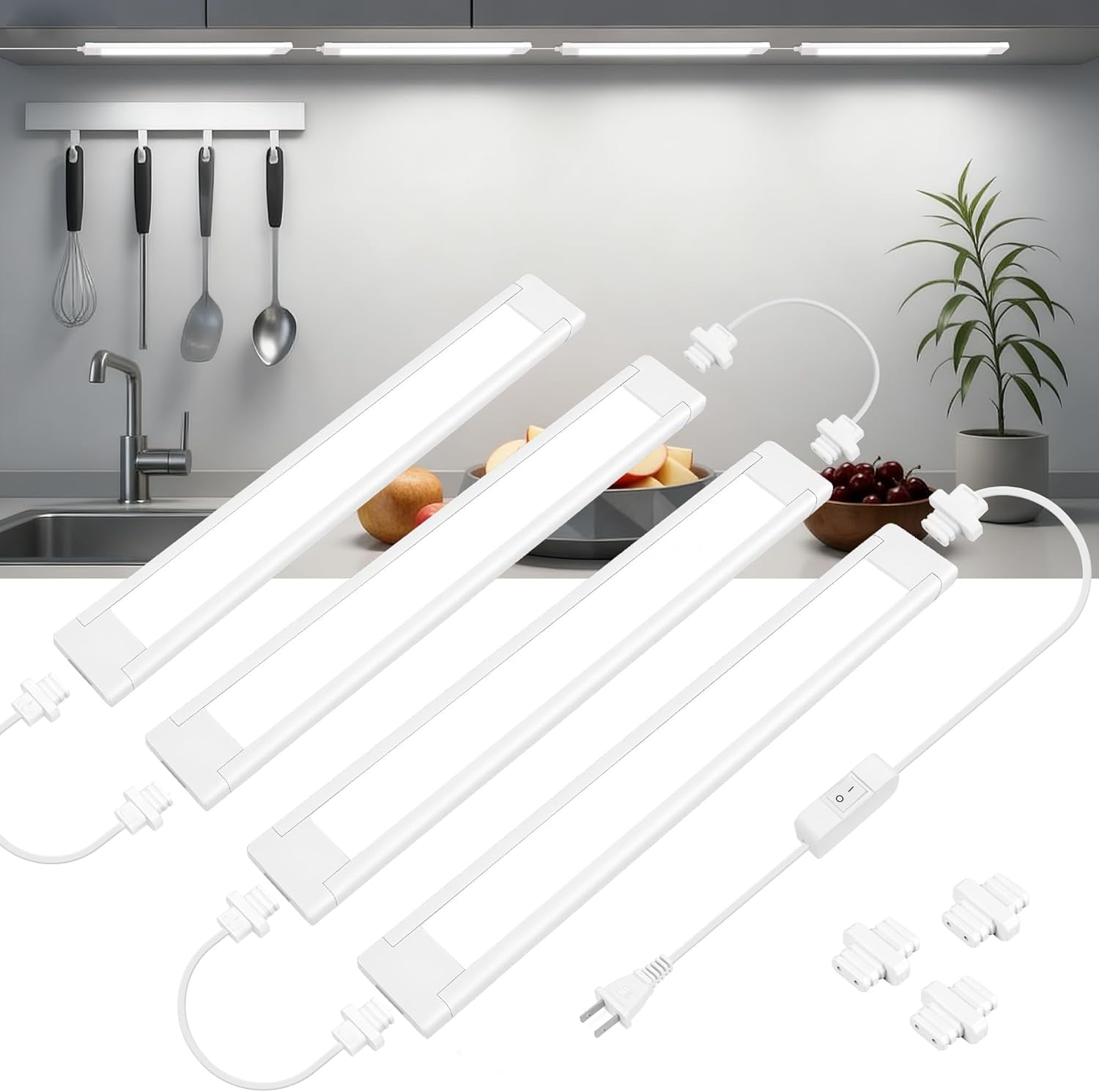 Under Cabinet Lighting Plug in, 4 Pcs 14 Inch Linkable Ultra Bright LED Light Bars, Renter Friendly Lamp, Wired Indoor Lights for Kitchen Cabinet, Counter, Workbench, Desk, Shelf, Cool White