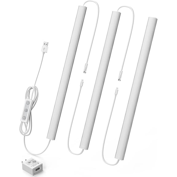 Under Cabinet Lighting Plug-in, Dimmable Under Counter Lights for Kitchen, 3 count 12 Inch, Cold White 6000K Linkable USB Led Light Strip, Wired Led Light Bar for Desk,Sink,Workbench