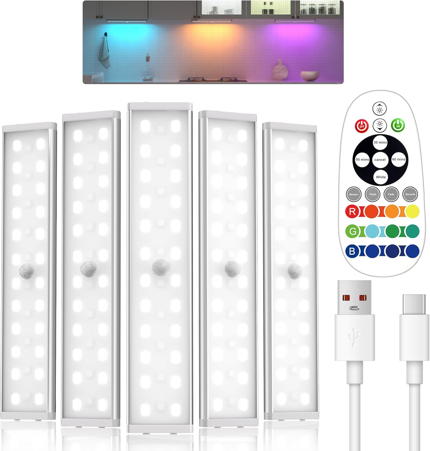 Under Cabinet Lighting,Rechargeable Motion Sensor Light Indoor Night Lights with Remote,58LED RGB under cabinet lights Bar,15Colors Wireless Counter Closet for Kitchen,5pack