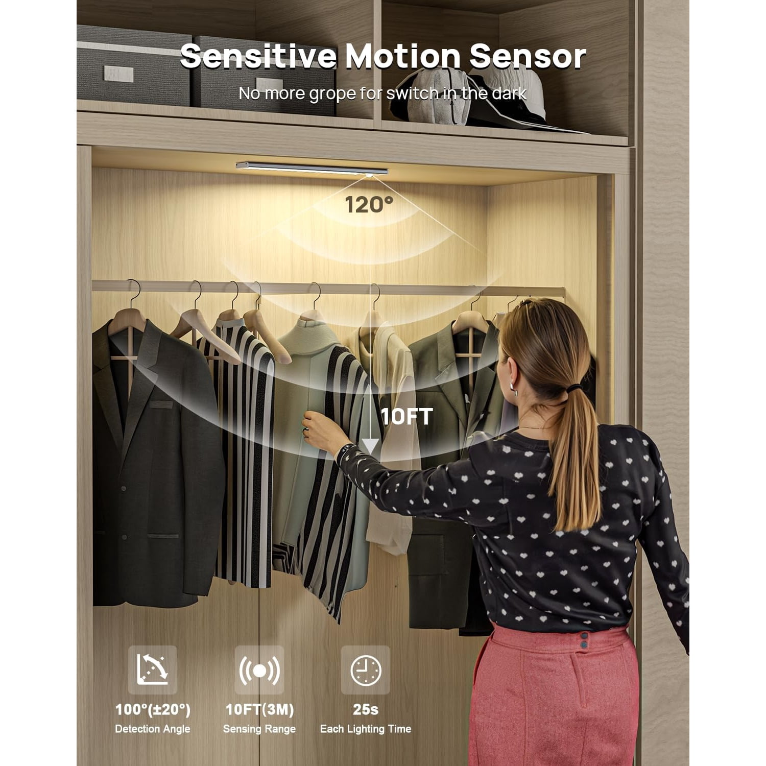 Under Cabinet Lighting with Remote Control,2500mAh USB Rechargeable Motion Sensor Light Indoor,350 Lumen LED Closet Light,3 Color Temps Wireless Under Counter Lights for Bedroom,Wardrobe,Stairs,6 Pac
