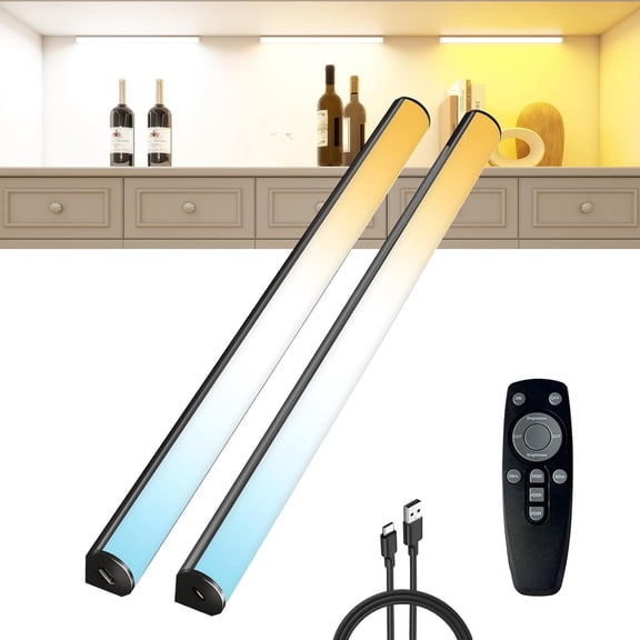 Under Cabinet Lighting  with Remote,Rechargeable  Operated Closet Lights,3 Color  Dimmable led Strip Lights,Under Counter Lights for Kitchen,Shelf,Bedroom (Black-2PCS, 30cm)