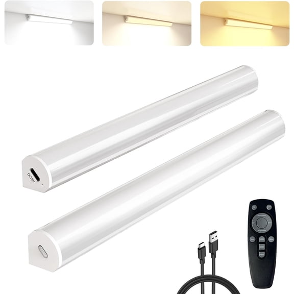 Under Cabinet Lighting  with Remote,Rechargeable  Operated Closet Lights,3 Color  Dimmable led Strip Lights,Under Counter Lights for Kitchen,Shelf,Bedroom (White-2PCS, 20cm)