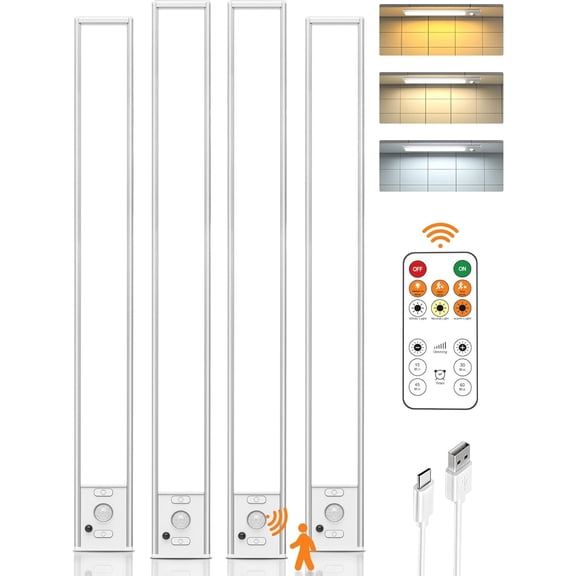 Under Cabinet Lighting Wireless,16 inch LED Motion Sensor Light Indoor, USB Rechargeable Closet Lights with Remote Control, 3 Color Temps Under Counter Lights for Kitchen, Wardrobe, Stairs, 4 Pack