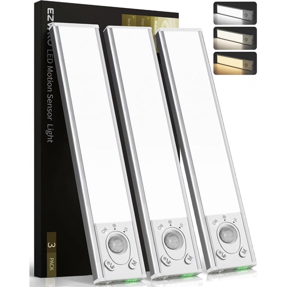 Under Cabinet Lighting Wireless, 3Pack 8'' Recharable Motion Sensor Light Indoor, LED Closet Lights, Dimmable & 3 Color Temps 1800mAh Battery with Power Display, for Kitchen, Pantry, Bedside