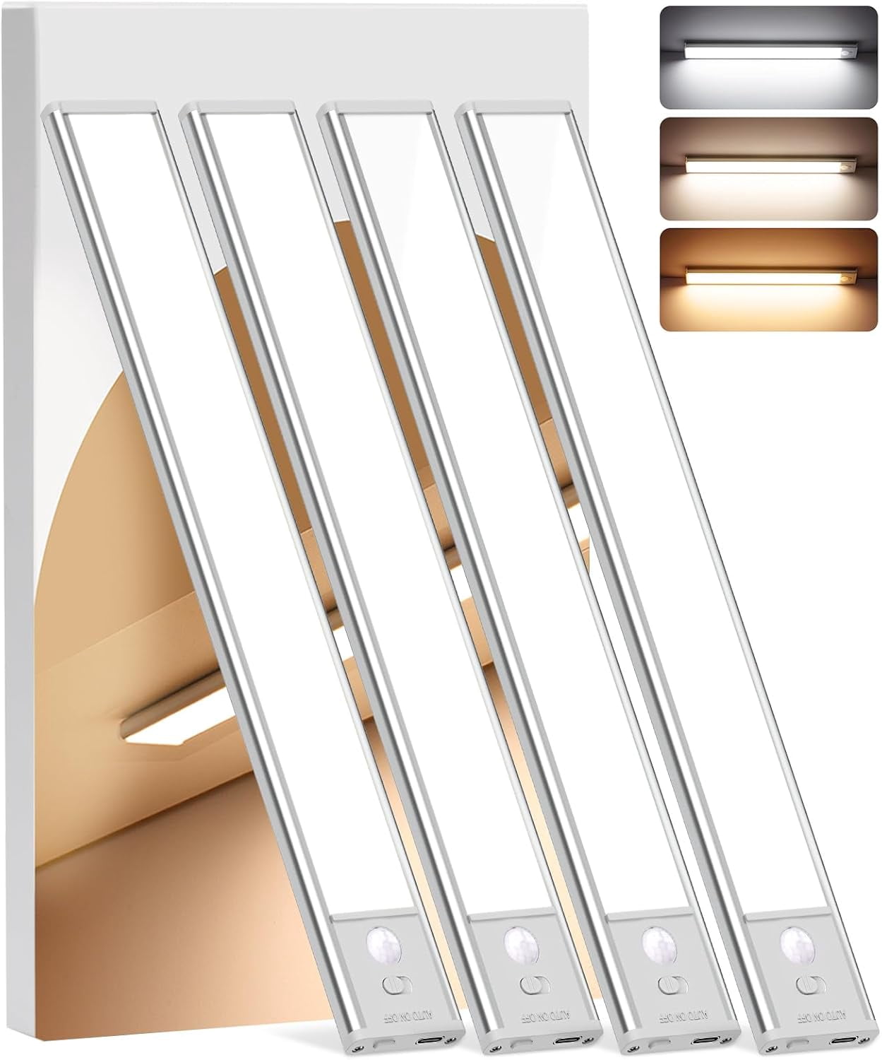 Under Cabinet Lighting Wireless, 4Pack Motion Sensor Light Indoor with 3 Color Temps, Dimmable Closet Lights Battery Operated, LED Magnetic Light, Rechargeable Counter for Kitchen Home